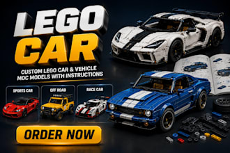 design custom lego car, lego vehicle and moc models with building instructions