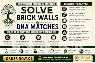 do professional genealogy research, solve brick walls and dna matches