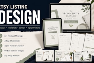 create etsy mockups, listing thumbnails, banners and digital product graphics