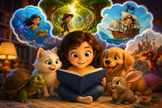 create 3d cartoon illustrations book for children, watercolor, graphic design