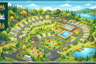 design custom campground, rv park and campsite maps in illustration