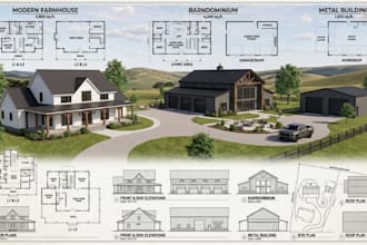 design modern farmhouse, barndominium, and metal building plans
