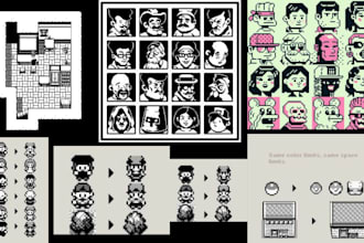 create 1 bit characters, sprites, tilesets, icons and game assets pixel art