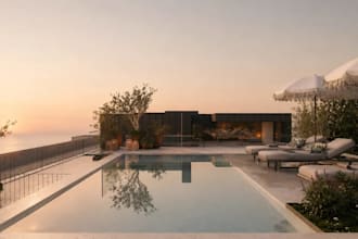 remodel minimalist exterior rooftop terrace, outdoor pavilion, interior render