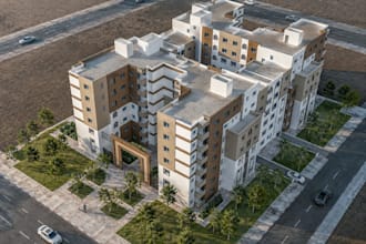 produce residential complex render, cgi exterior imagery,3d house model from cad