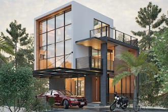 render 3d residential house, living space layout,rooftop terrace,ground basement