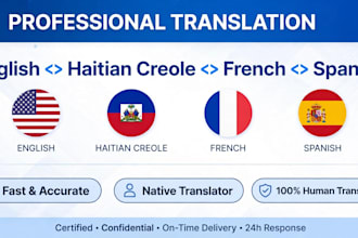 translate english to haitian creole, french and spanish