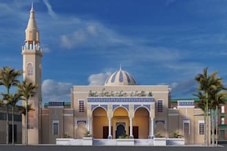 create 3d mosque design, islamic center, masjid, religion building visualization