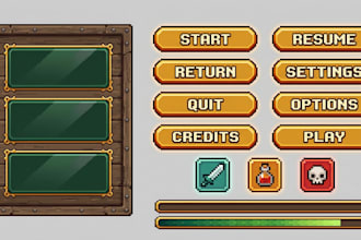 design retro pixel art game UI, hud, health bars, and menu frames