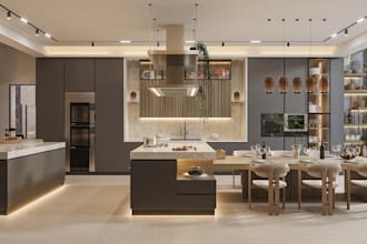 design modern 3d kitchen interior, photorealistic rendering, dining area,2d plan