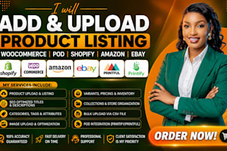 add upload ebay amazon product listing woocommerce pod shopify website design