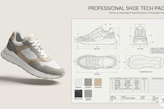 create shoe tech pack, footwear design, technical drawing and specifications