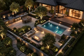 design backyard landscape, patio terrace, pool, deck and 3d garden rendering