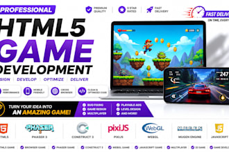 create HTML5 games using phaser, construct 3, pixijs, webgl game, mugen engine