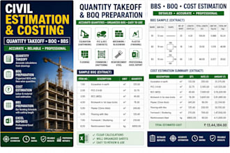 civil  quantity takeoff boq estimation costing and bbs
