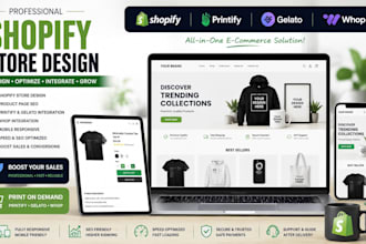 built shopify store, design product page SEO, printify gelato whop integration