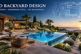 design 3d landscape, backyard, garden, swimming pool and 3d rendering