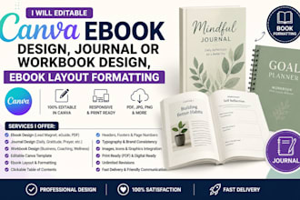 editable canva ebook design, journal or workbook design, ebook layout formatting