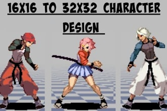create high quality 16x16 to 32x32 2d pixel art character sprite sheet for game