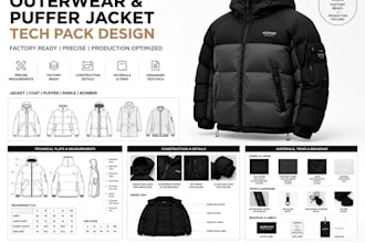 design outerwear tech pack, puffer jacket tech pack, coat fashion tech pack