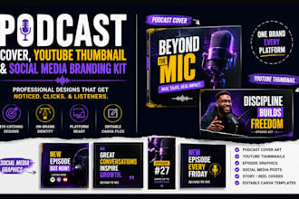 design podcast cover, youtube thumbnail and social media branding kit