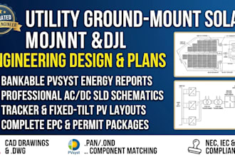 design utility ground mount solar pv layout, sld, autocad and pvsyst