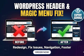 redesign or fix wordpress header, footer issues, megamenu, wordpress navigation