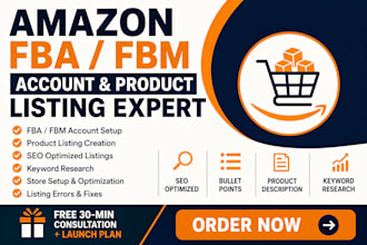 set up amazon fba fbm account and product listings with SEO, amazon store setup
