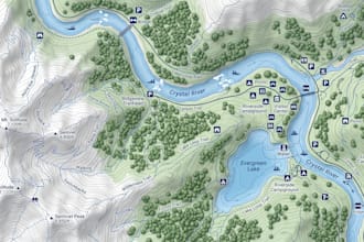 create river map, hiking map, trail map, recreational map, outdoor adventure map