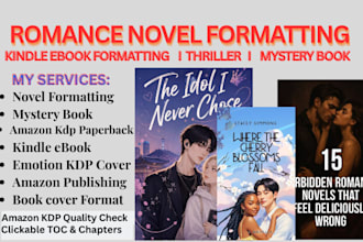 format romance novel, thriller, mystery book for KDP paperback, kindle ebook