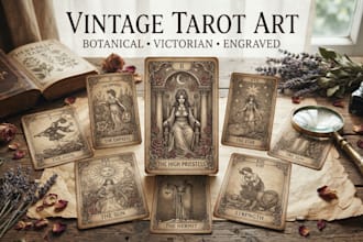 create antique botanical tarot card, victorian and  vintage engraved tarot card