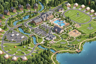 create interactive isometric resort map, campground map, wayfinding, visitor map