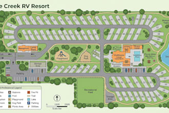 design rv park layout, campsite map, roads and facility locations