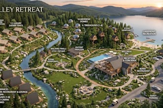 make 2d or 3d glamping resort map, campground map, rv park, campsite master plan