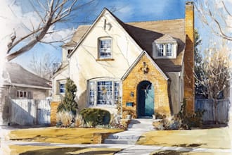 draw architectural watercolor drawings of buildings, shops and house portraits