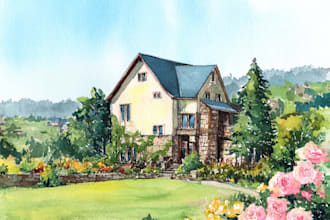draw watercolor wedding venue, house and building
