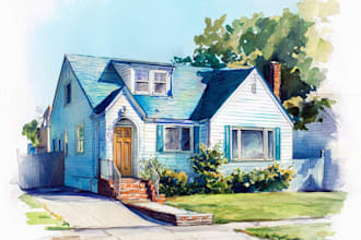 paint a watercolor house portrait or city space illustration