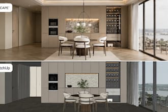 create realistic 3d kitchen design, interior layout, cabinets and rendering