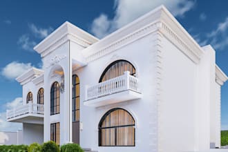 design luxury villa interior, facade and landscape in 3d
