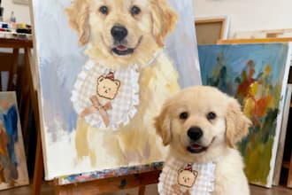 create a pet portrait scene with your pet next to its painted portrait