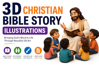 illustrate 3d christian bible story, 3d children story illustration, book cover