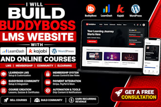 build buddyboss lms website with learndash wordpress, kajabi, for online courses