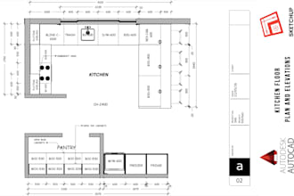 create 2d kitchen floor plan, elevations and cabinet drawing