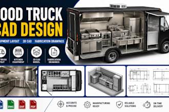 food truck equipment layout, mobile kitchen 3d cad and fabrication ready drawing