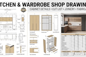 create detail shop drawing for kitchen woodworking cabinet and wardrobe cutlist