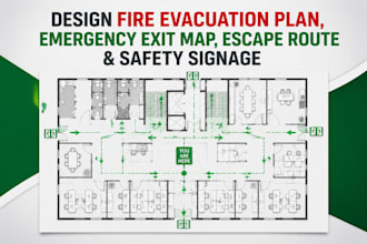design fire evacuation plan, emergency exit map, escape route and safety signage