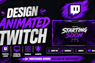 design animated twitch stream overlay, twitch logo, panels, screens, alerts