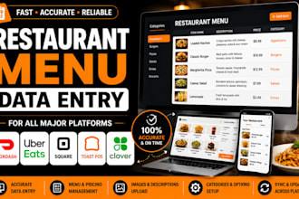 do restaurant menu data entry for doordash, ubereats, square, toast pos, clover