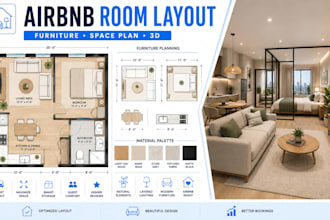 airbnb space planning, airbnb room layout with furniture layout and 3d design
