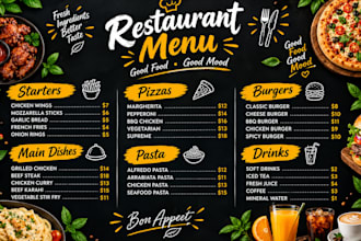 design a modern and professional restaurant, cafe, bar menu, food truck menu